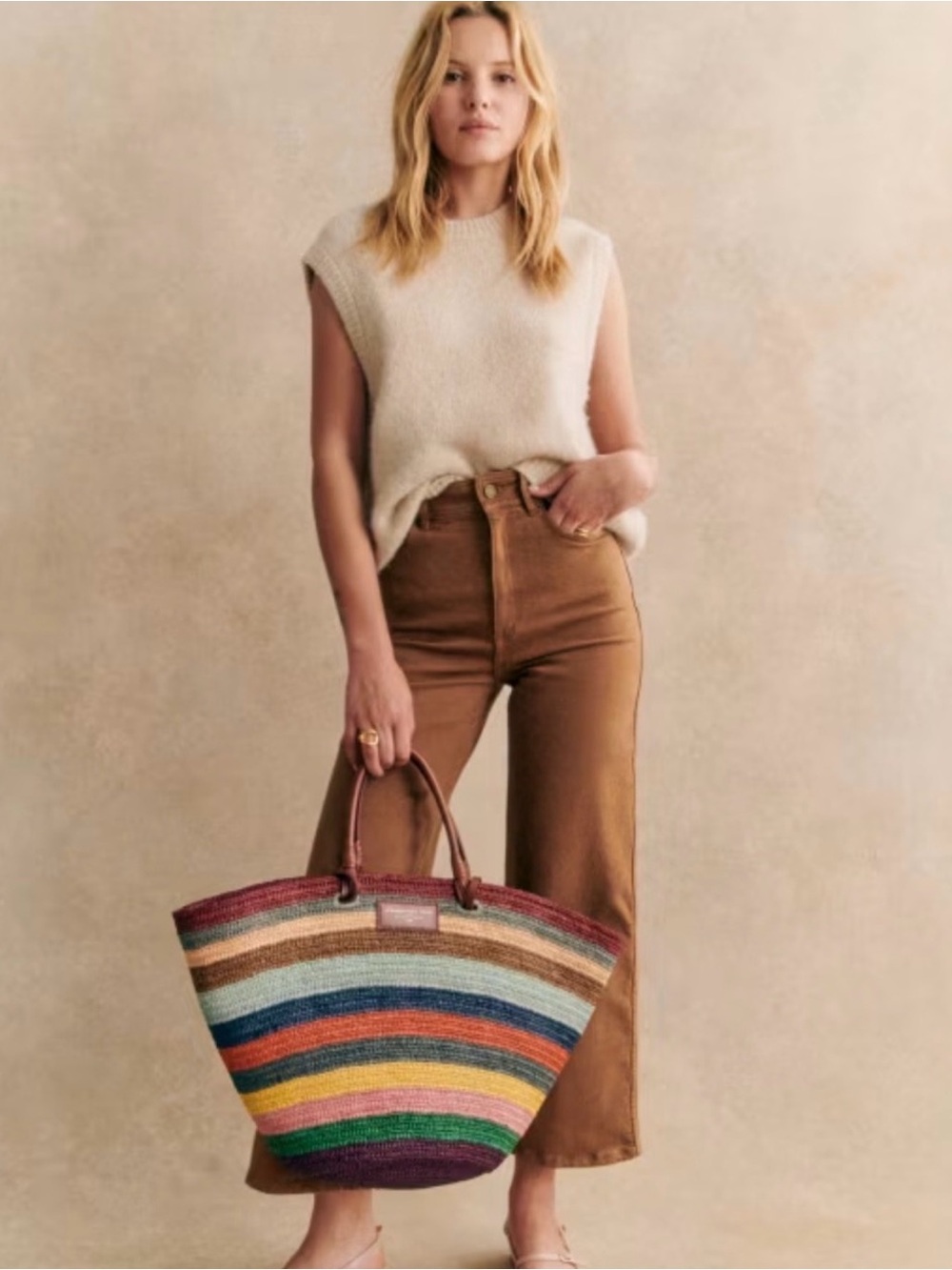 Sezane Multicolor Striped Woven Tote - Navy, Pink, Green & Yellow